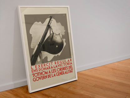 The Regular Army Will Give Us Victory poster in a white frame leaning against a wall