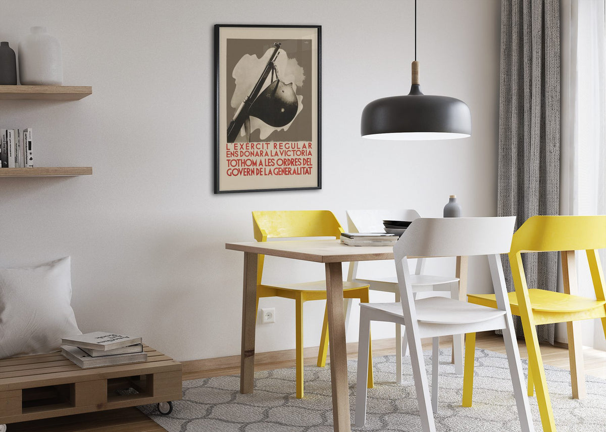 The Regular Army Will Give Us Victory poster framed above a dining table