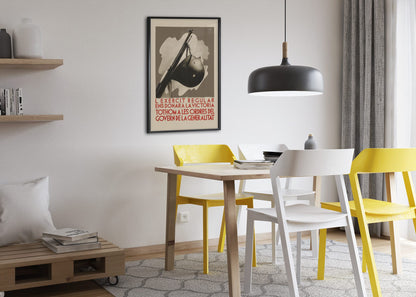 The Regular Army Will Give Us Victory poster framed above a dining table