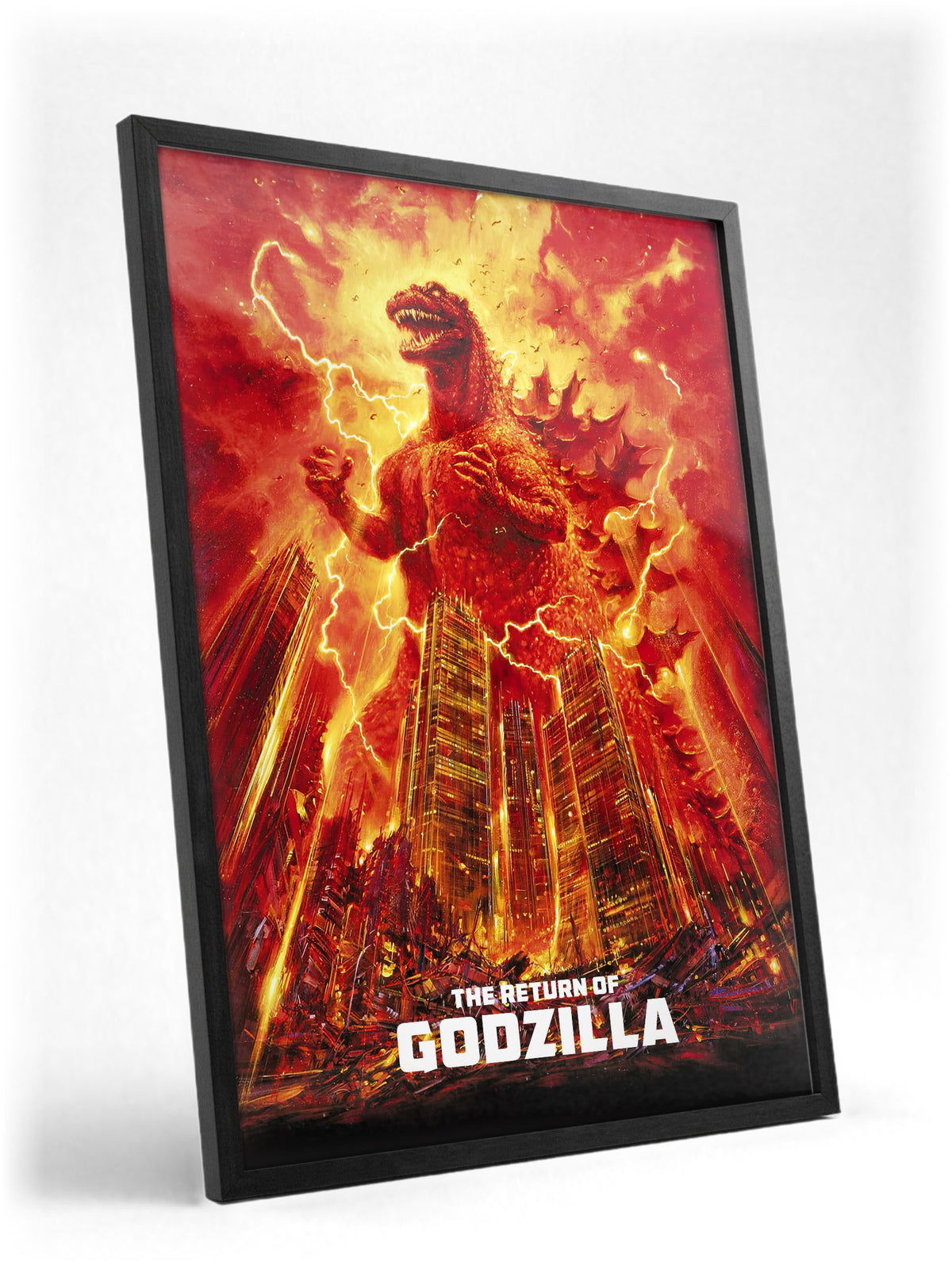 The Return of Godzilla (1984) Movie Illustrated Art poster in a black frame with glass leaning against a wall