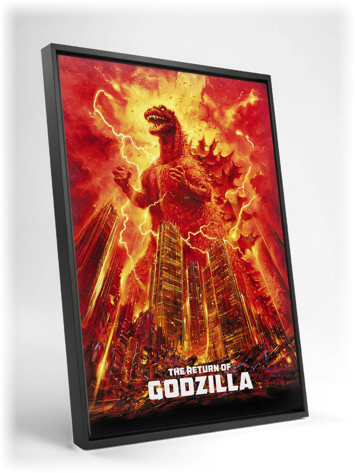 The Return of Godzilla (1984) Movie Illustrated Art as a black floater framed canvas leaning against a wall