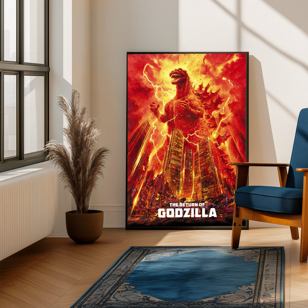 The Return of Godzilla (1984) Movie Illustrated Art poster framed beside a blue armchair in a sunlit room