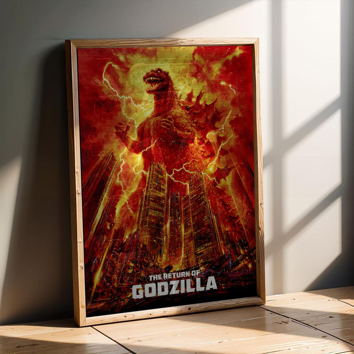 The Return of Godzilla (1984) Movie Illustrated Art poster in an oak frame leaning on a wooden floor
