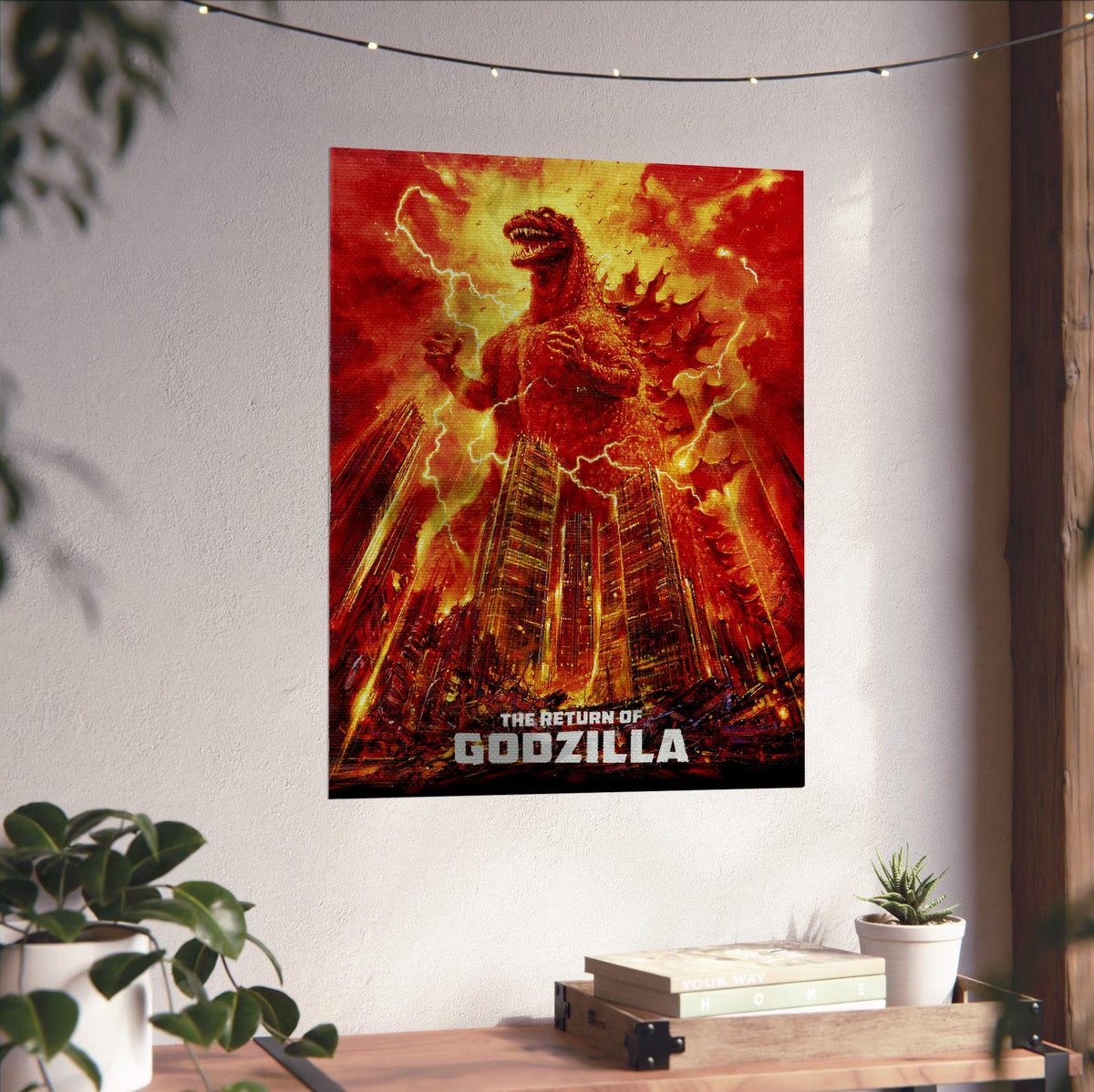 The Return of Godzilla (1984) Movie Illustrated Art poster unframed on a white wall above a desk