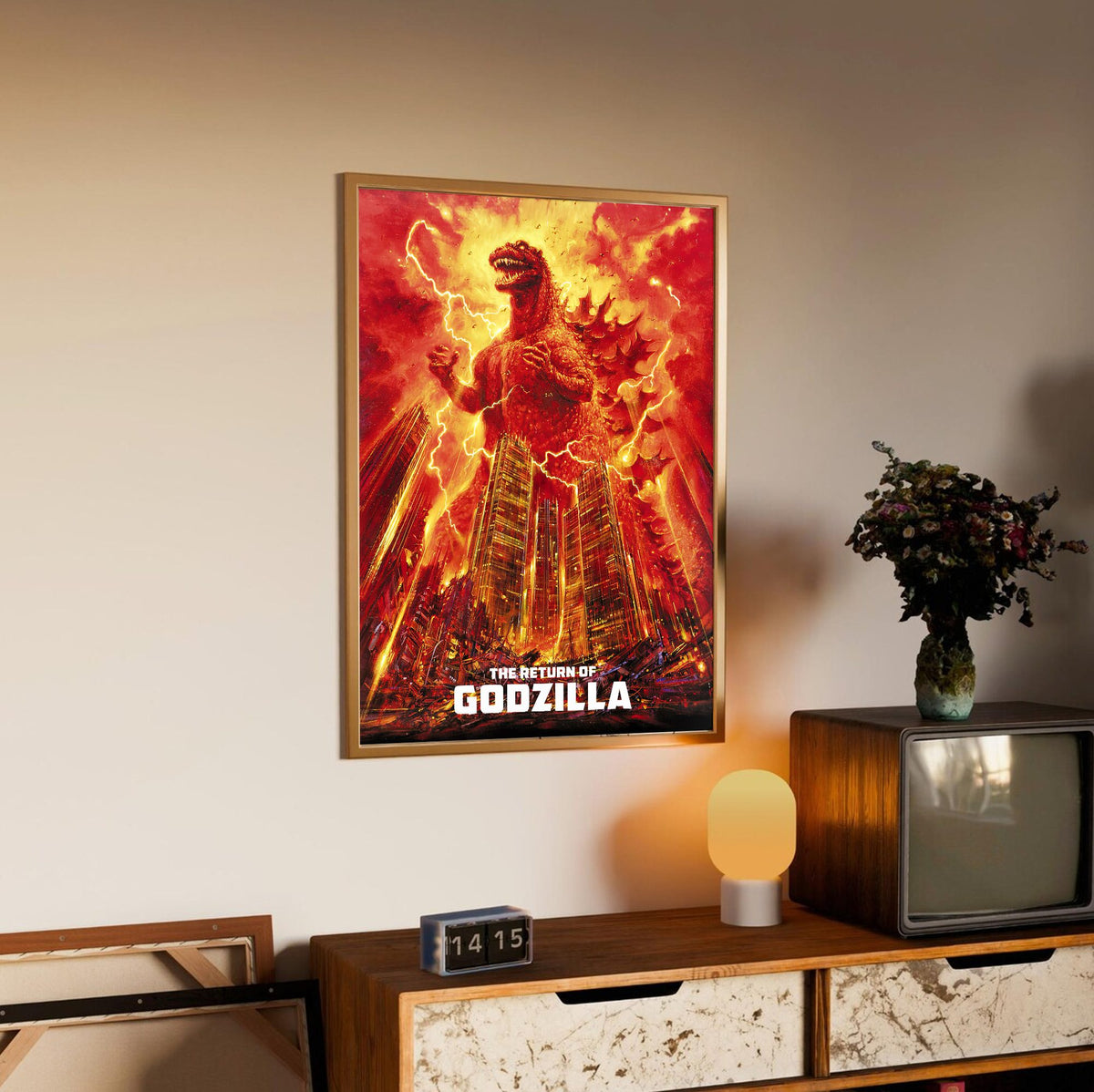 The Return of Godzilla (1984) Movie Illustrated Art poster in an oak frame above a sideboard