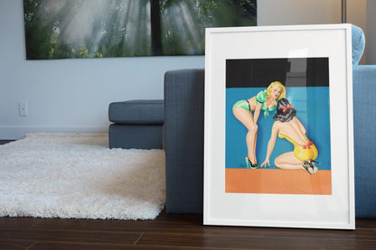 The Secret poster leaning beside a blue sofa