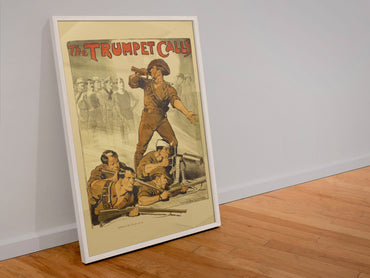 The Trumpet Calls — Australia poster in a white frame leaning against a wall