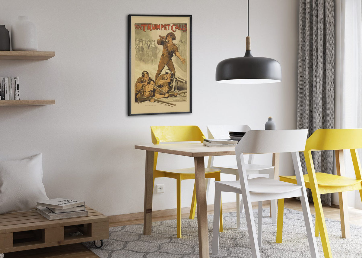 The Trumpet Calls — Australia poster framed above a dining table