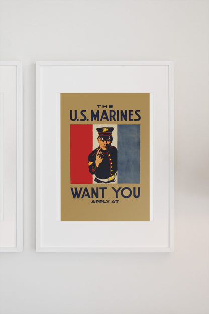 The US Marines Want You poster on a light wall