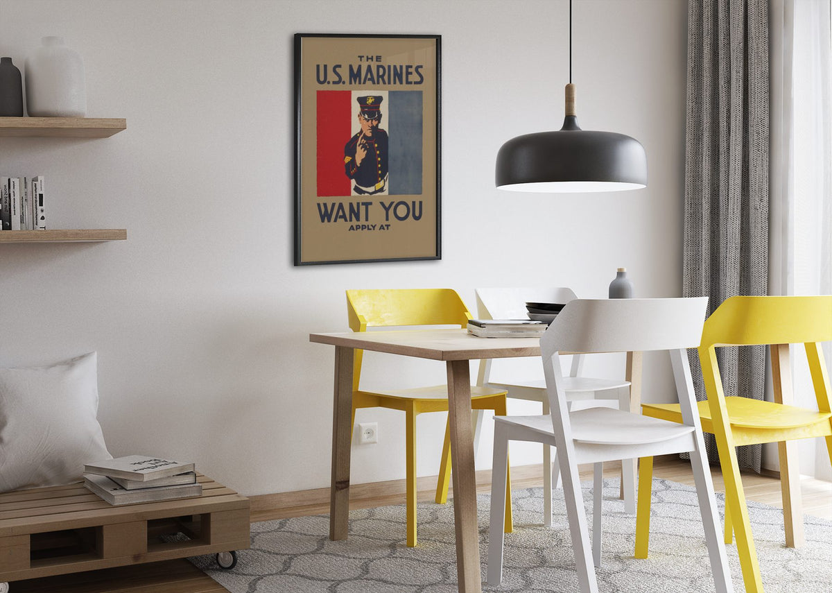 The US Marines Want You poster framed above a dining table