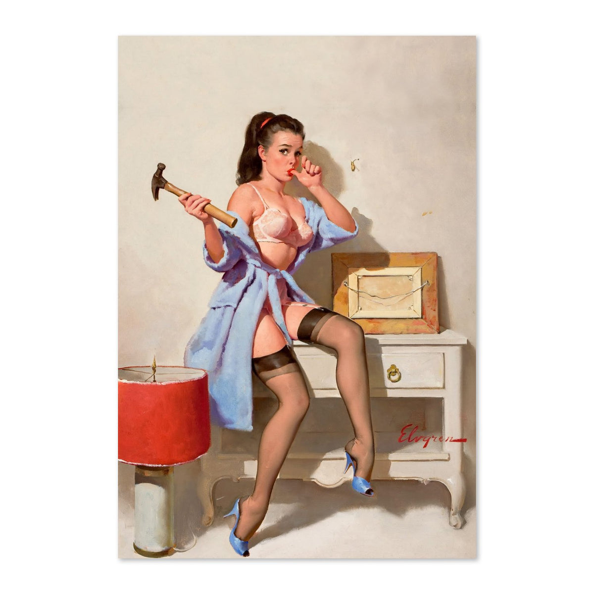 The Wrong Nail by Gil Elvgren, pin-up poster — framed print