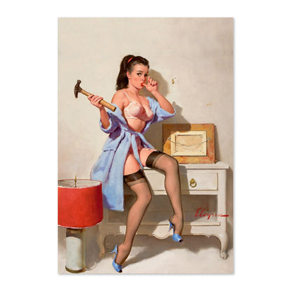 The Wrong Nail by Gil Elvgren, pin-up poster — framed print