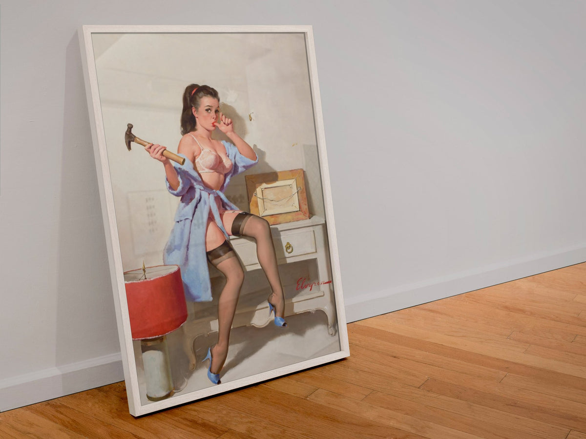The Wrong Nail by Gil Elvgren, pin-up poster — leaning frame