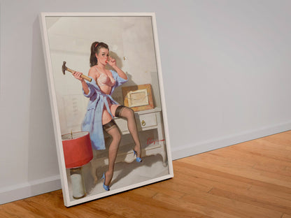The Wrong Nail by Gil Elvgren, pin-up poster — leaning frame