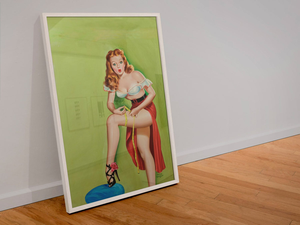 Thigh Measurement poster in a white frame leaning against a wall