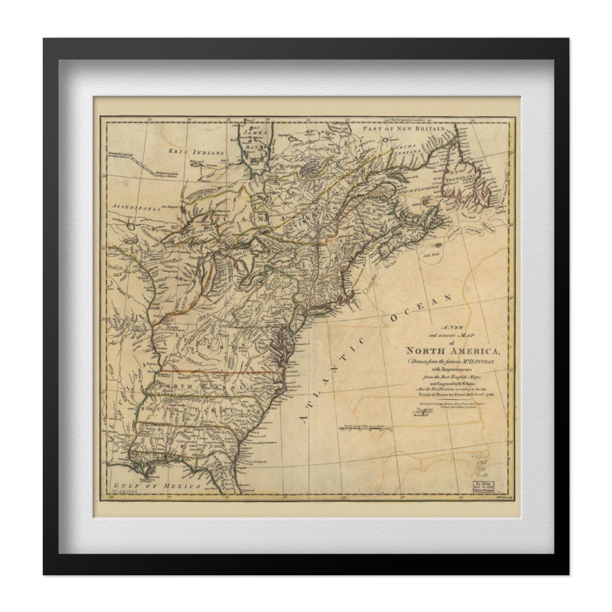 Thirteen Colonies 1771 Map print in a black frame with a white mat