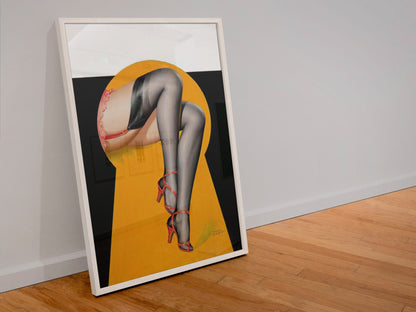 Through the Keyhole poster in a white frame leaning against a wall