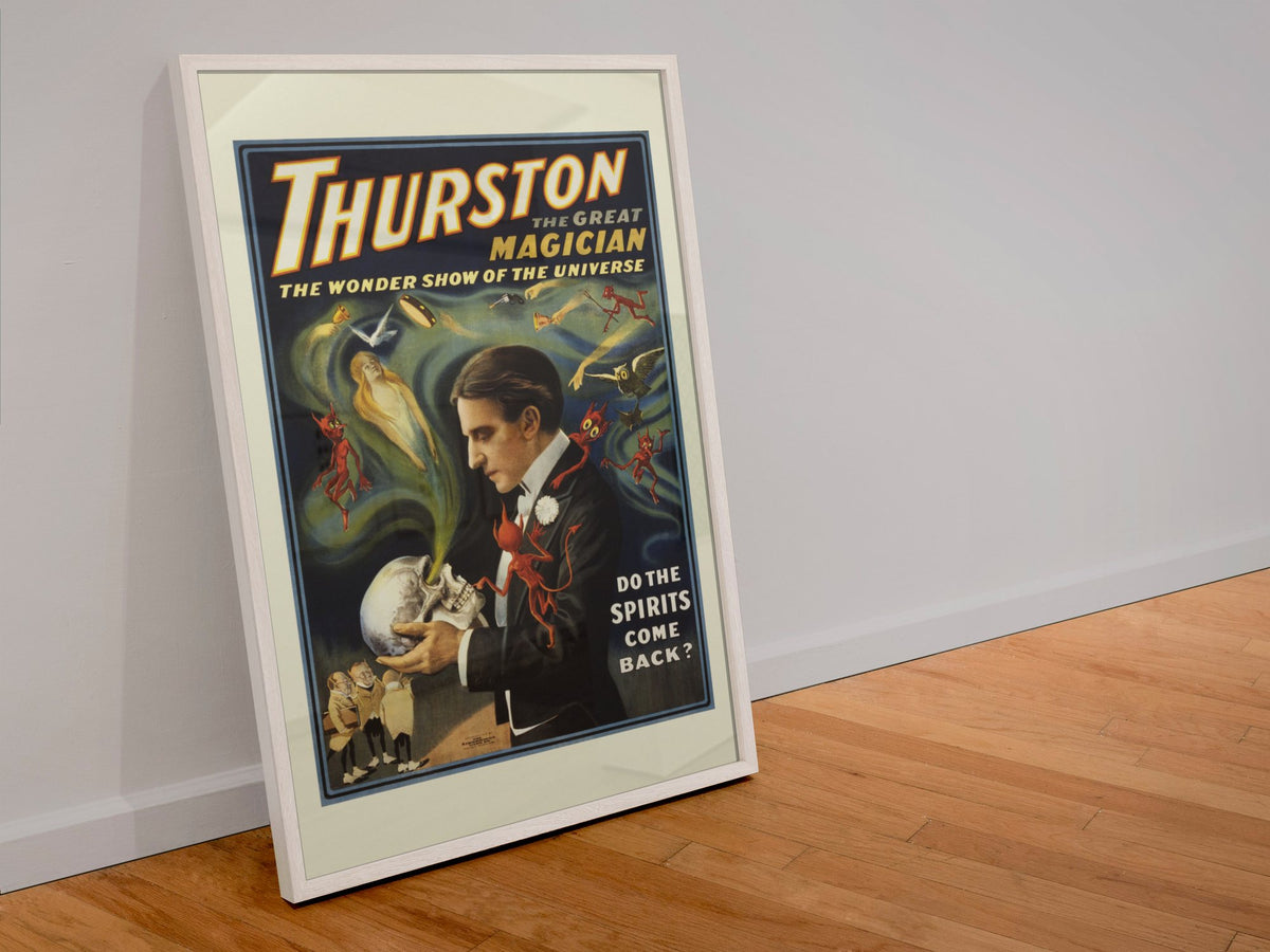 Thurston the Great Magician poster in a white frame leaning against a wall