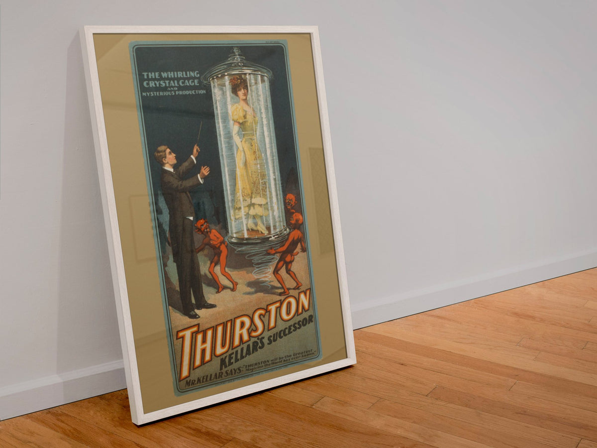 Thurston Whirling Crystal Cage poster in a white frame leaning against a wall