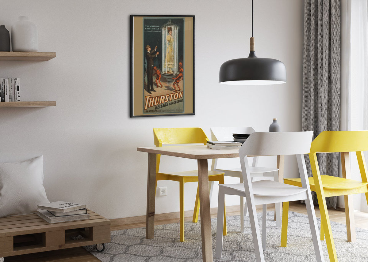 Thurston Whirling Crystal Cage poster framed above a dining table