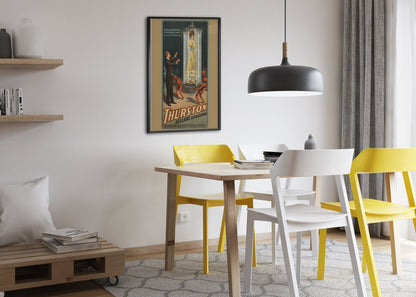 Thurston Whirling Crystal Cage poster framed above a dining table