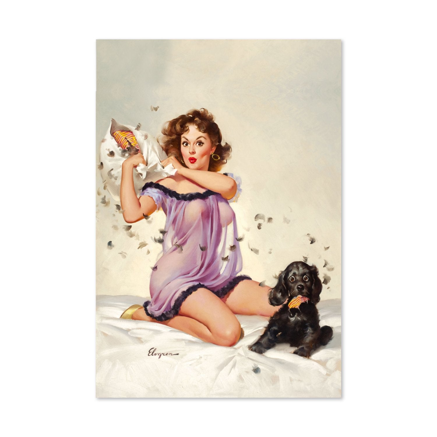Ticklish Situation by Gil Elvgren, pin-up poster — framed print