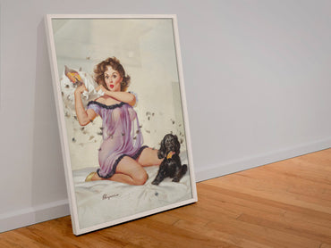 Ticklish Situation by Gil Elvgren, pin-up poster — leaning frame