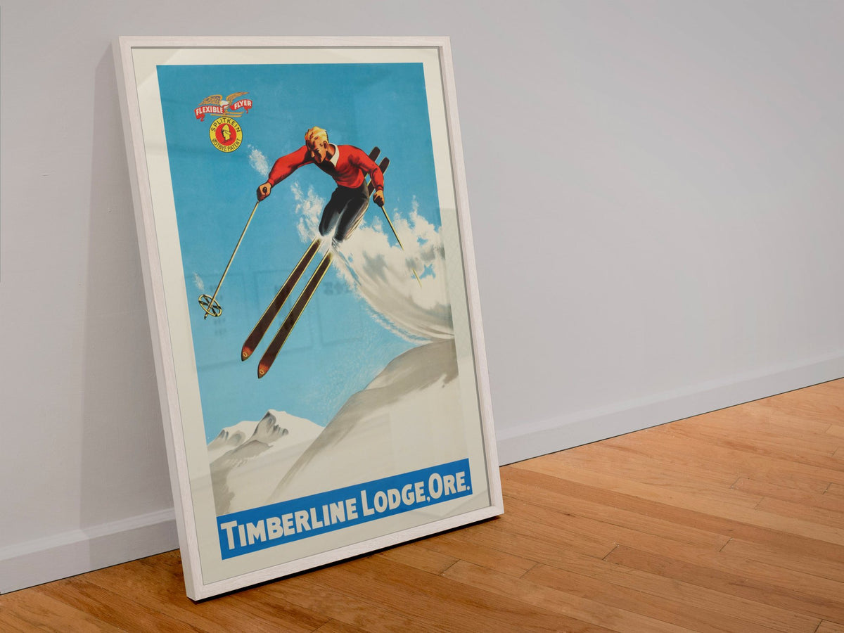 Timberline Lodge Oregon poster in a white frame leaning against a wall