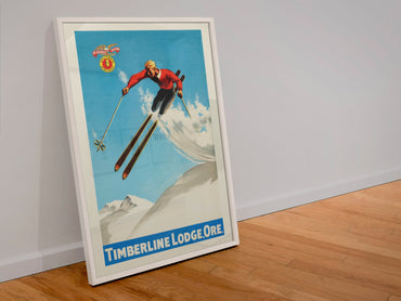 Timberline Lodge Oregon poster in a white frame leaning against a wall