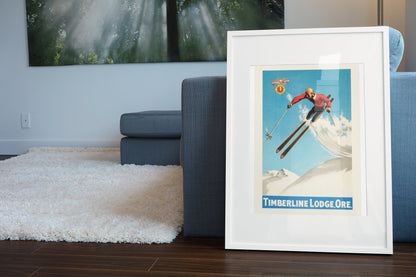 Timberline Lodge Oregon poster leaning beside a blue sofa