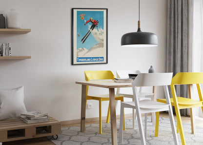 Timberline Lodge Oregon poster framed above a dining table