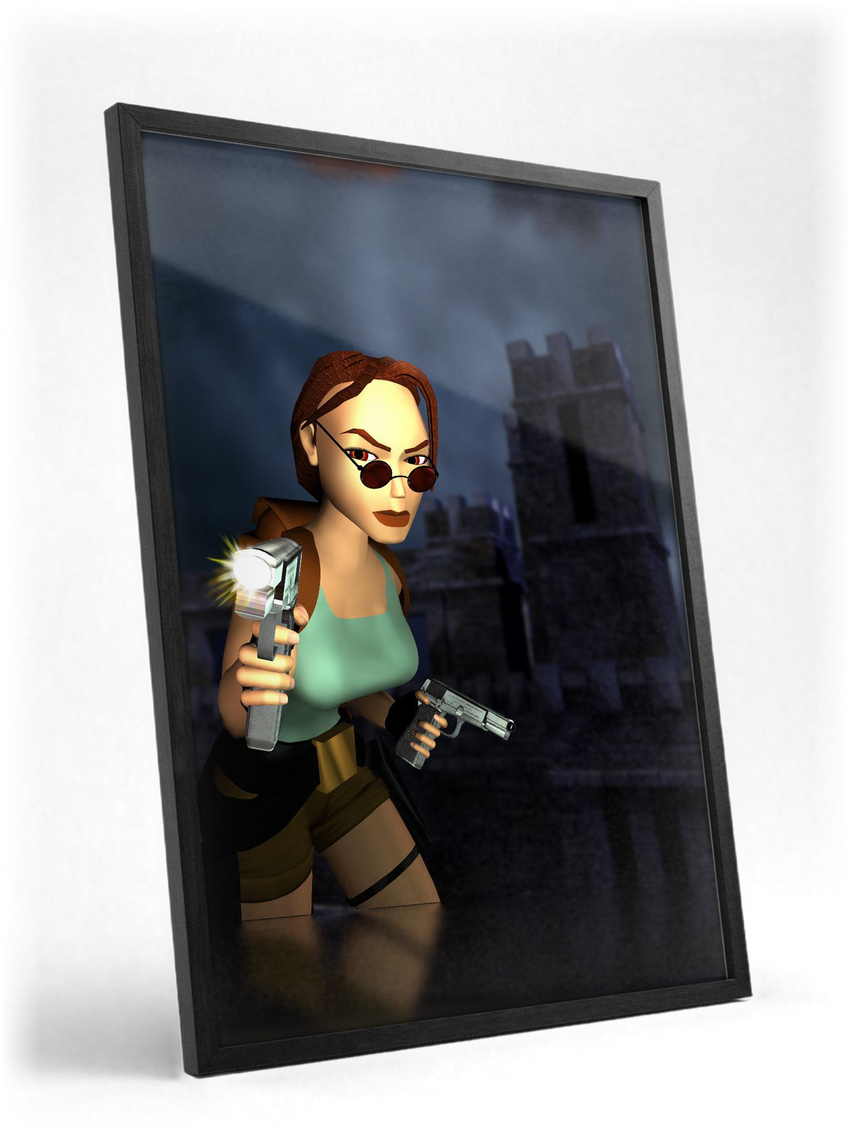 Tomb Raider III Key Art poster in a black frame with glass leaning against a wall