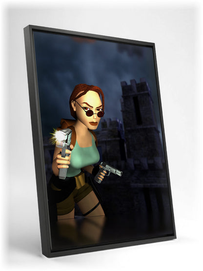 Tomb Raider III Key Art as a black floater framed canvas leaning against a wall
