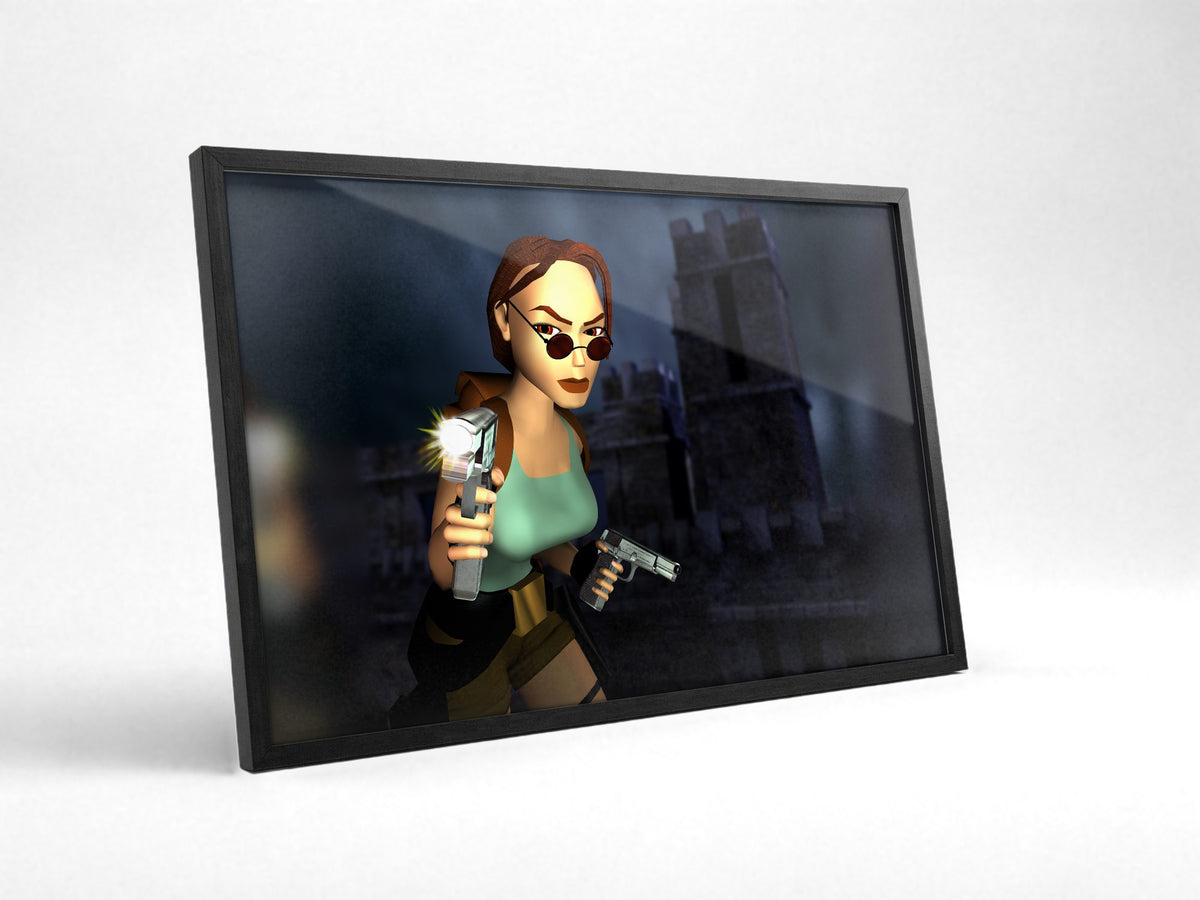Tomb Raider III Key Art poster in a black frame with glass leaning against a wall
