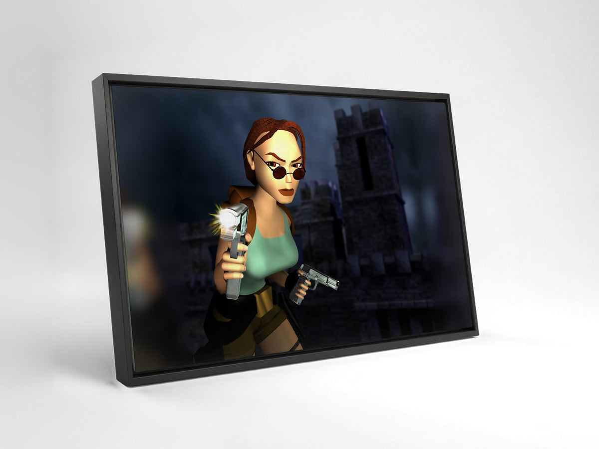 Tomb Raider III Key Art as a black floater framed canvas leaning against a wall