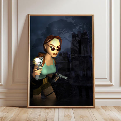 Tomb Raider III Key Art poster in a light oak frame leaning against a white wall