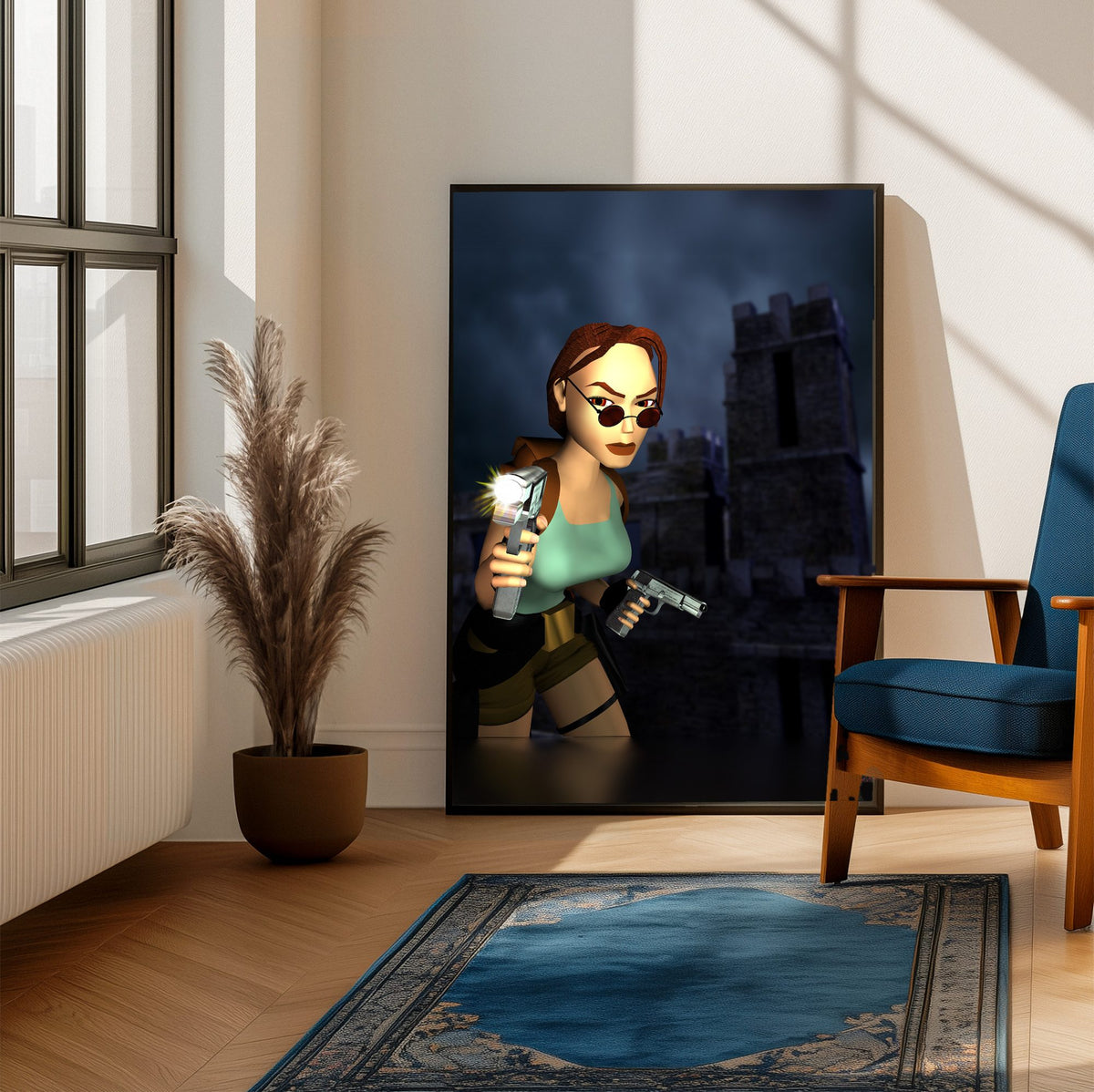 Tomb Raider III Key Art poster framed beside a blue armchair in a sunlit room