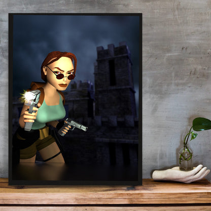Tomb Raider III Key Art poster in a black frame on a wooden shelf against concrete
