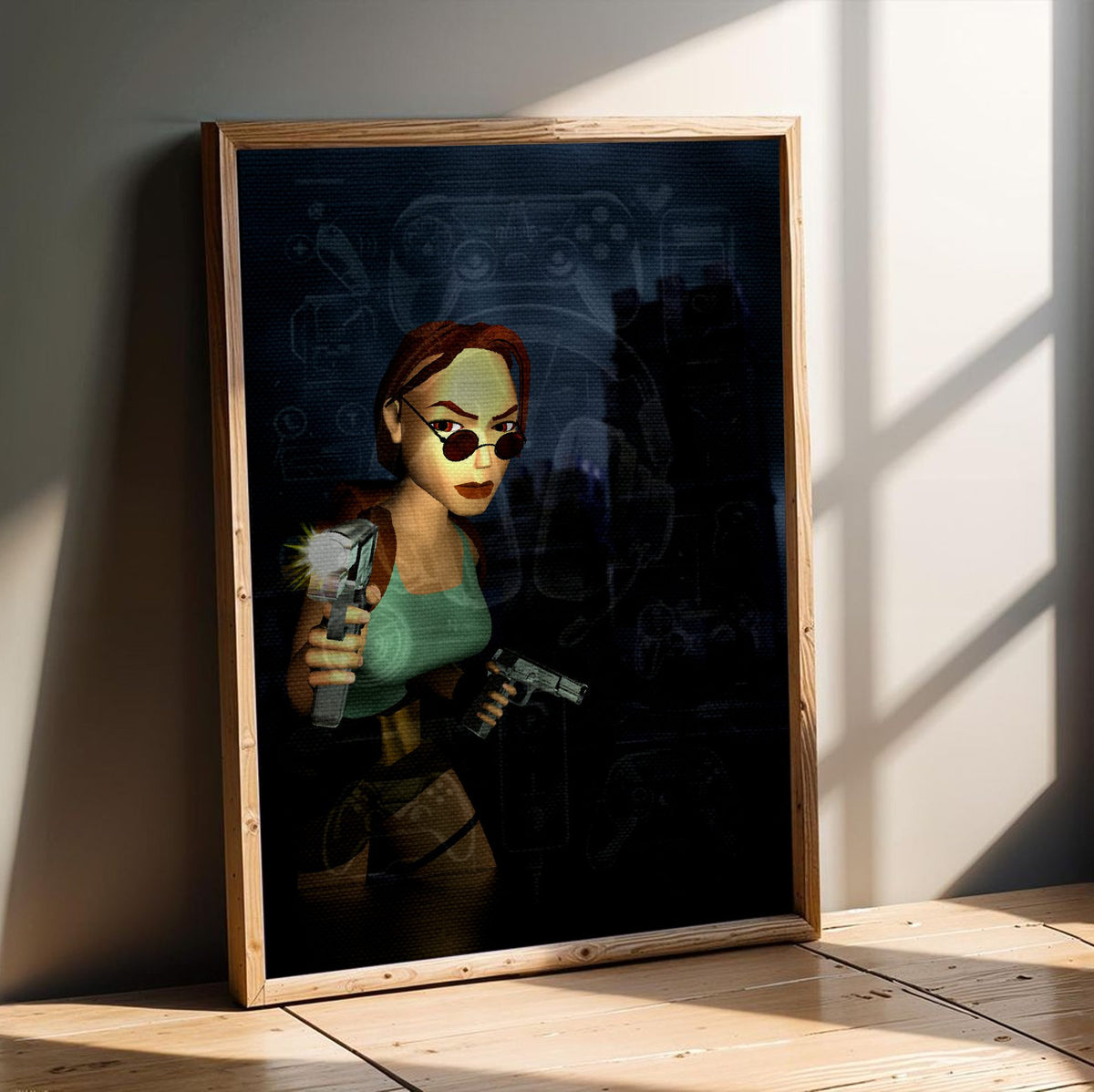 Tomb Raider III Key Art poster in an oak frame leaning on a wooden floor