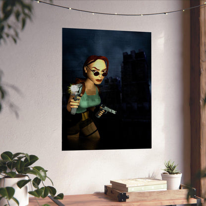Tomb Raider III Key Art poster unframed on a white wall above a desk