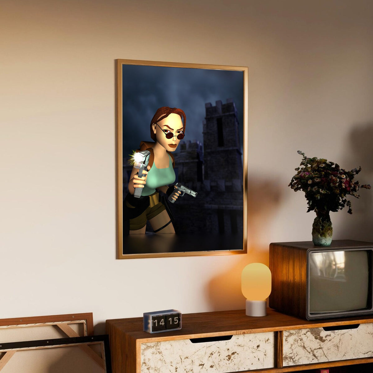 Tomb Raider III Key Art poster in an oak frame above a sideboard