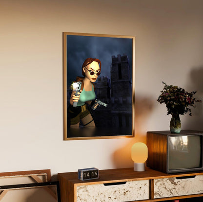 Tomb Raider III Key Art poster in an oak frame above a sideboard