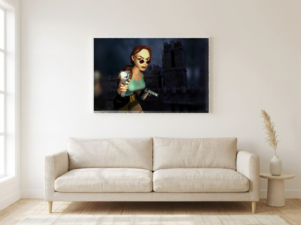 Tomb Raider III Key Art poster in a white frame in a living room