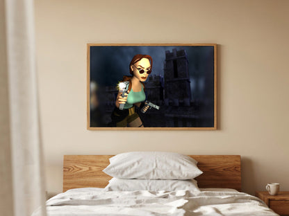 Tomb Raider III Key Art poster in a natural oak frame in a bedroom