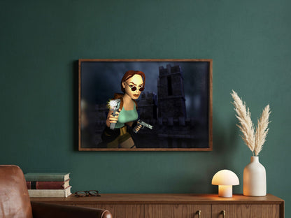 Tomb Raider III Key Art poster in a dark walnut frame in a green study