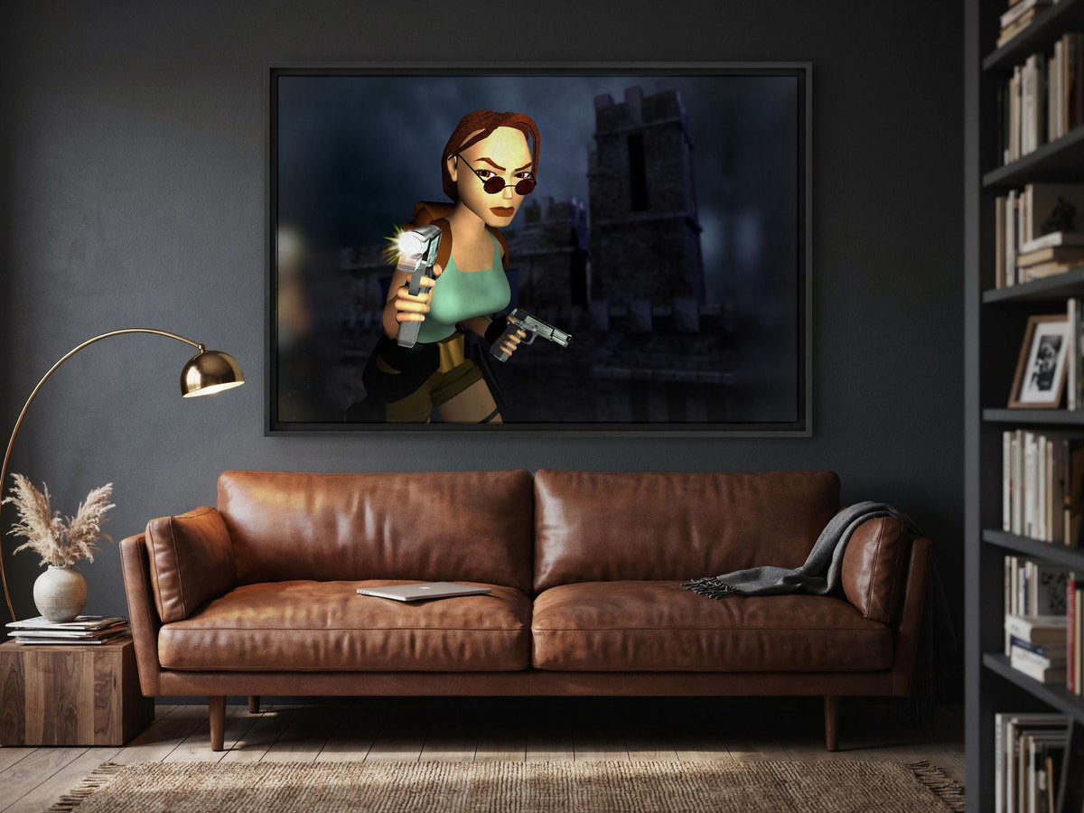 Tomb Raider III Key Art as a black floater framed canvas in a media room
