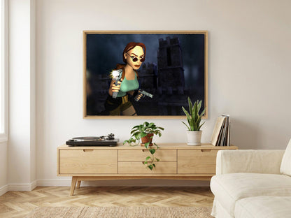 Tomb Raider III Key Art as an oak floater framed canvas in a Scandinavian lounge