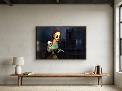 Tomb Raider III Key Art as a walnut floater framed canvas in a loft
