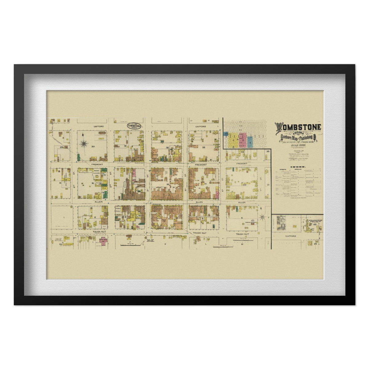 Tombstone 1880s Street Map print in a black frame with a white mat