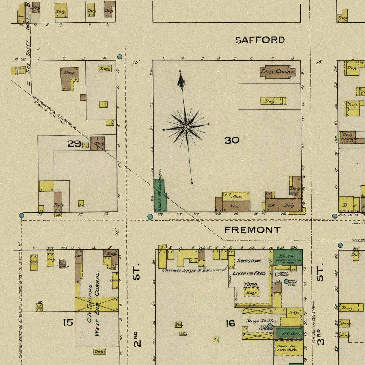 Close-up detail of the Tombstone 1880s Street Map
